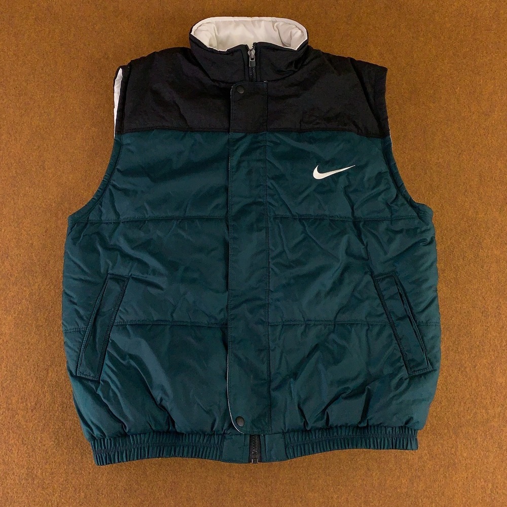 Nike Boys X-Large Black Green Lined Full Zip Pocket Embroidered Logo Puffer Vest